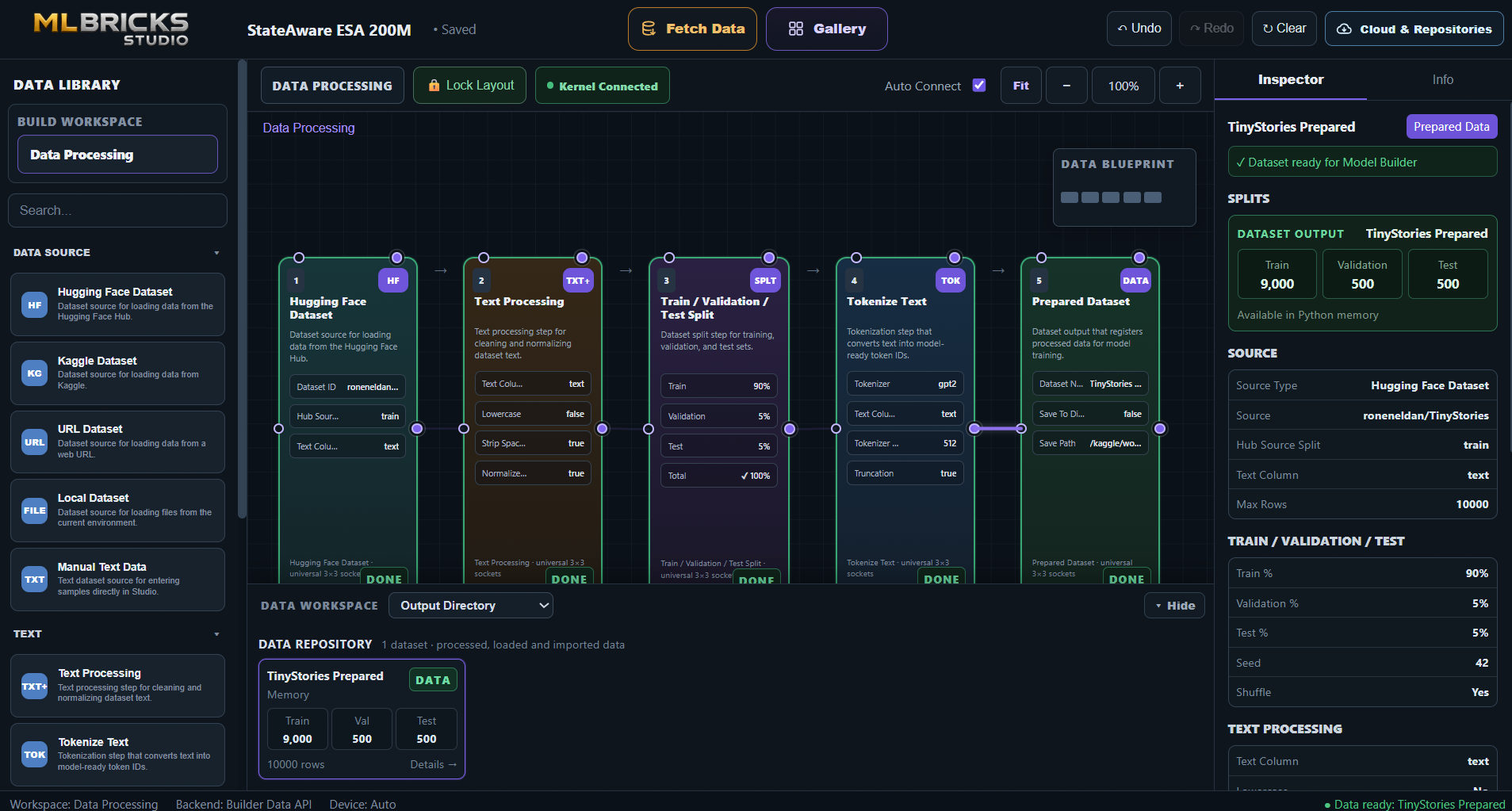 MLBricks Studio Data Processing workspace with Data Library, connected Hugging Face dataset processing graph, train validation test split, tokenization, prepared dataset repository and live Inspector.